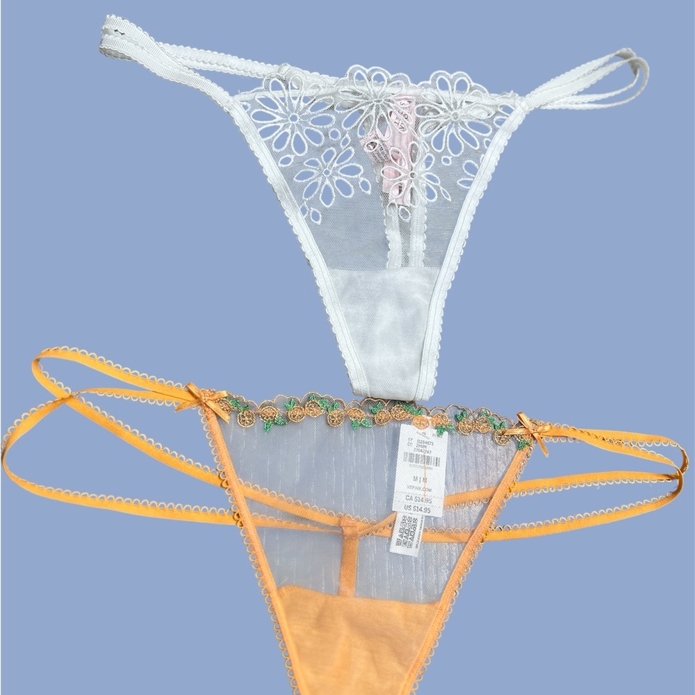 2 Victoria's Secret and pink White & Orange Floral Lace Thong Set Sz M
